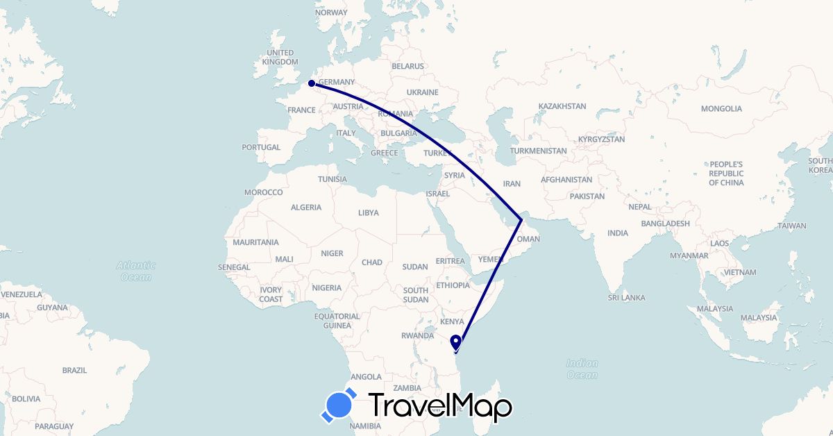 TravelMap itinerary: driving in United Arab Emirates, Belgium, Tanzania (Africa, Asia, Europe)